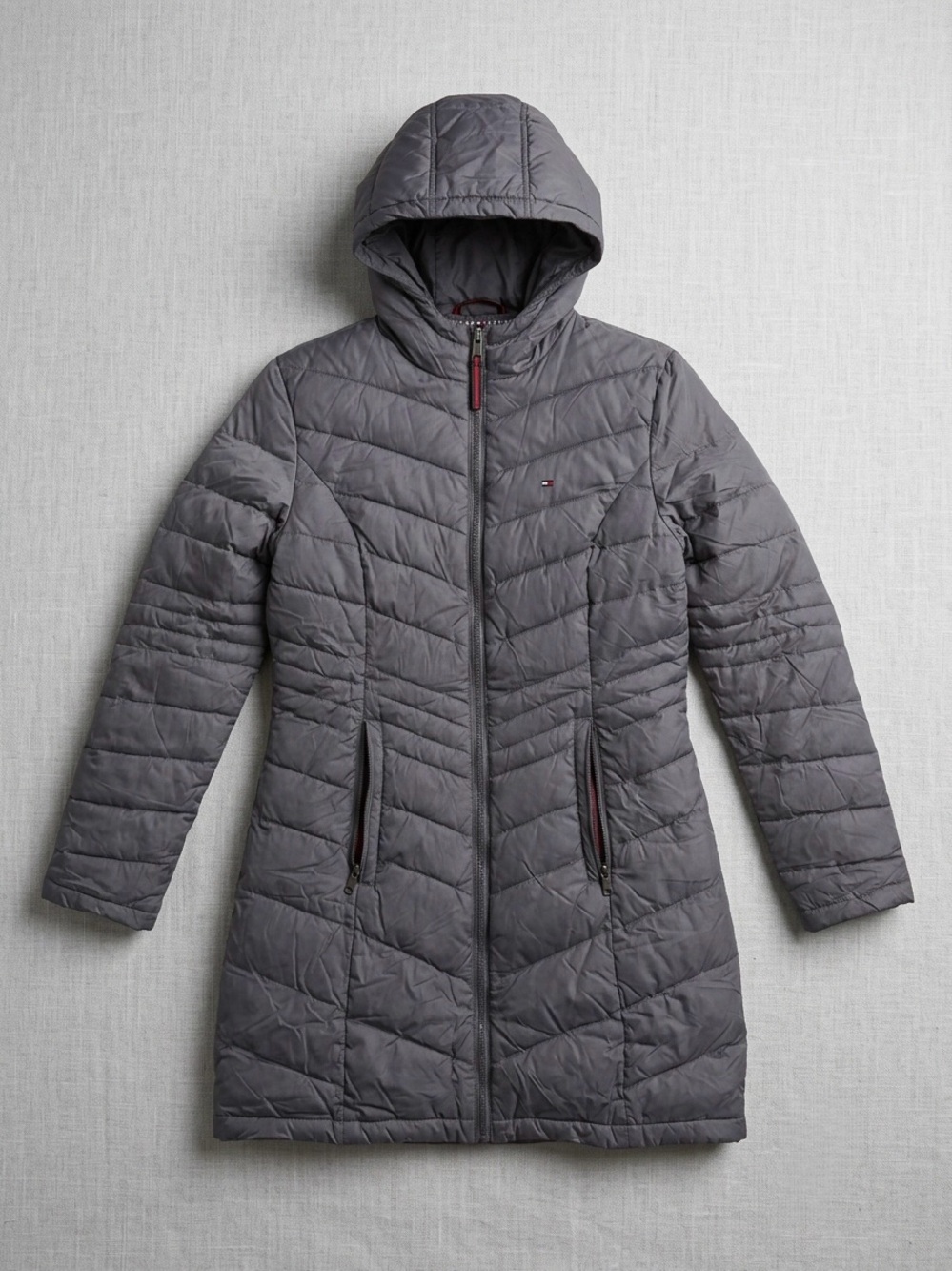 Tommy Hilfiger Quilted Duck Down Hooded Long Puffer Coat - Gray